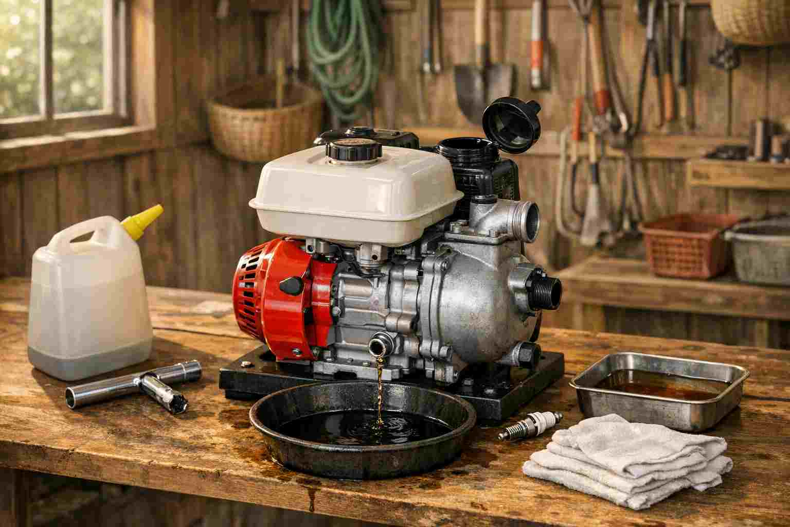 エンジンポンプに呼び水を入れている様子