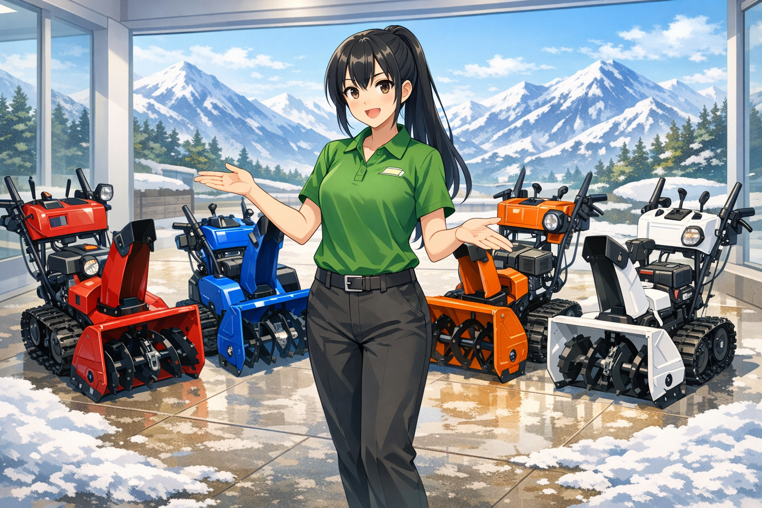 アニメ女性スタッフが除雪機メーカーを比較紹介している様子