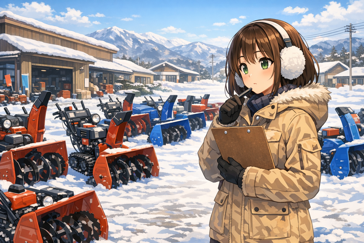 中古除雪機が販売店の敷地に並んでいる様子