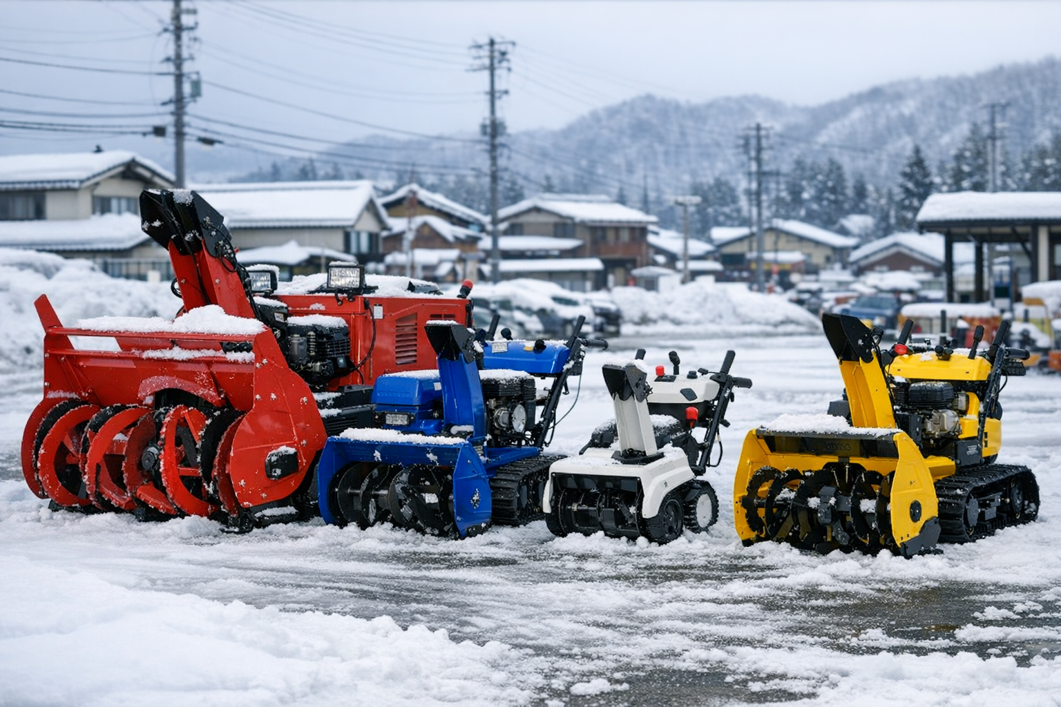 さまざまな種類の除雪機が並ぶ販売店の風景