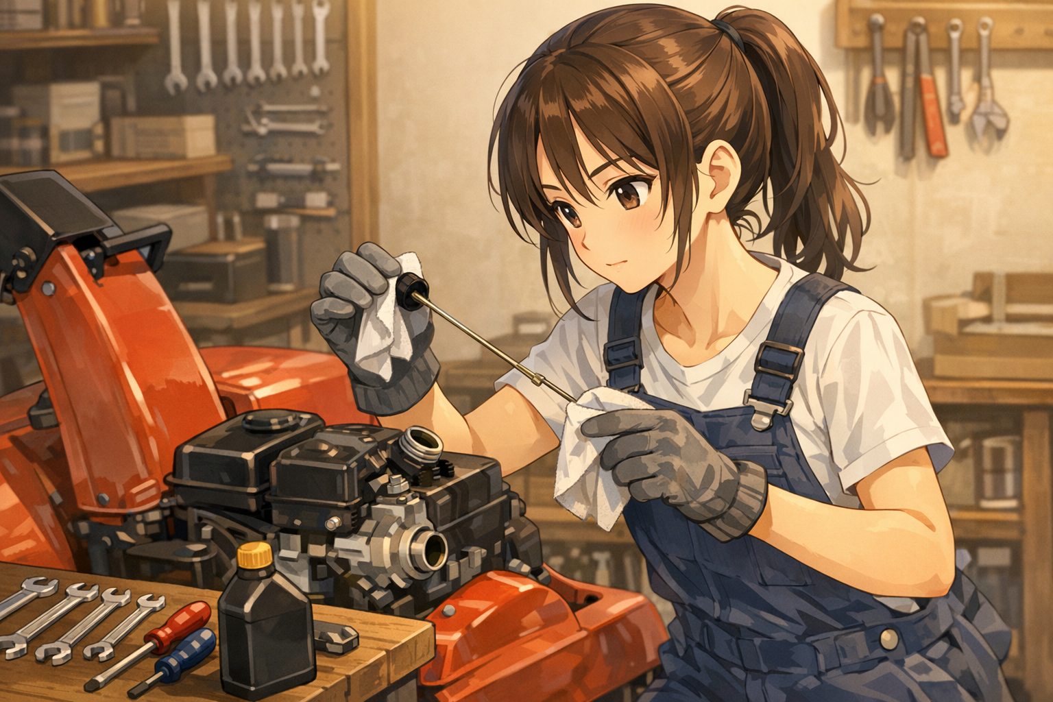 除雪機のエンジンをメンテナンスする整備士