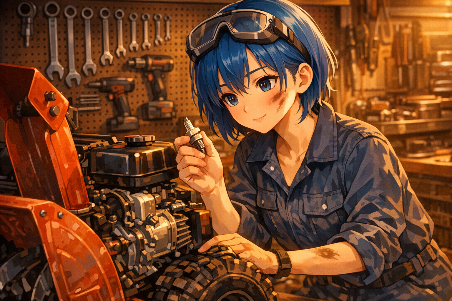 除雪機のエンジンを整備している様子