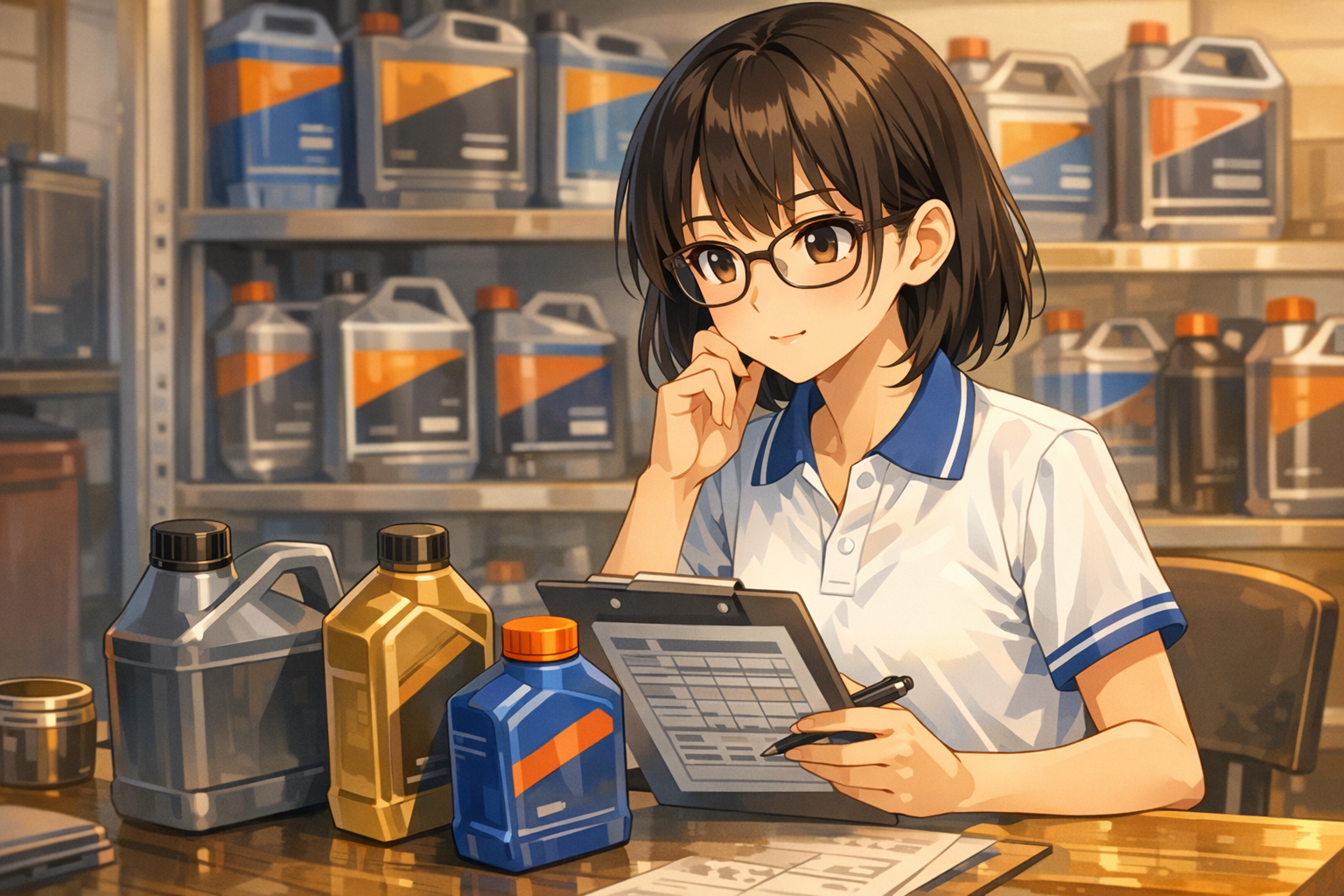 エンジンオイルの規格を調べる女性