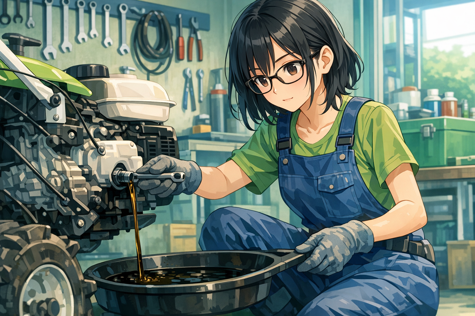 農機具のオイル交換作業をする女性